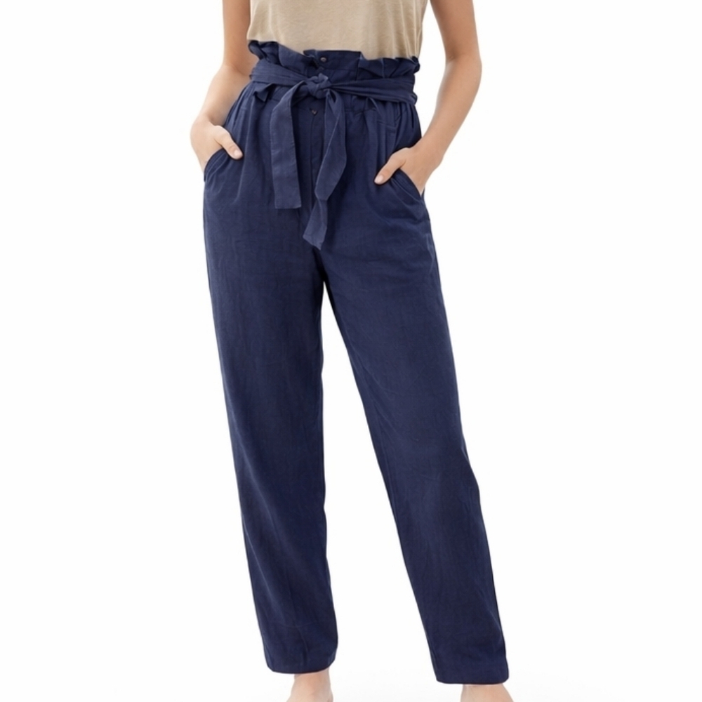 Ralph Lauren 100% Linen Belted High Waist Pants Navy Blue with Pockets